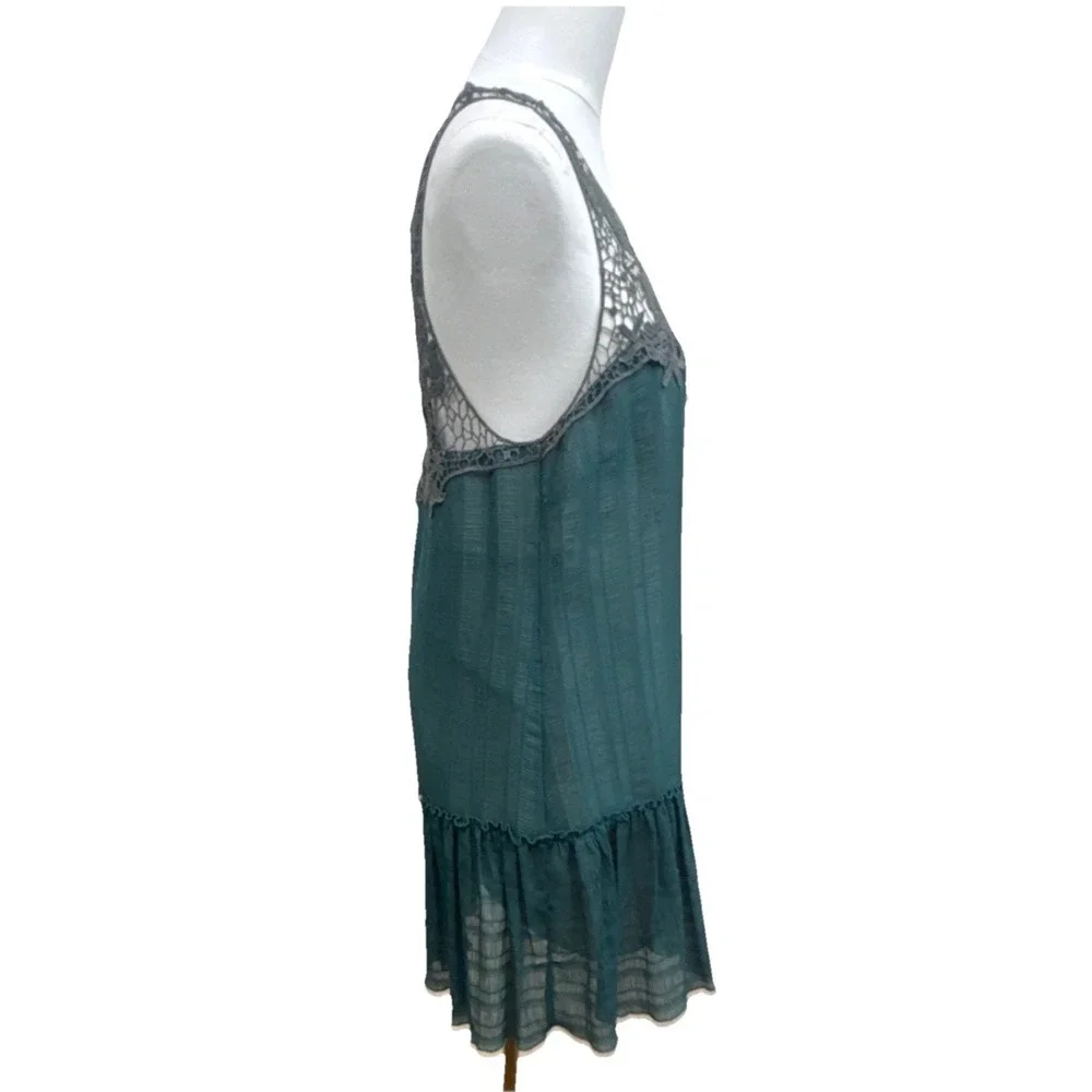 Free People Teal Lace Trim Drop Waist Mini Dress Small Boho Sleeveless Tunic